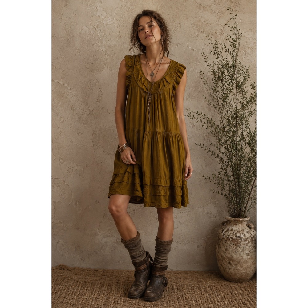 Cocoricooo Tiered Ruffle Babydoll Dress OS Mustard Yellow Boho Gauze Earthy
